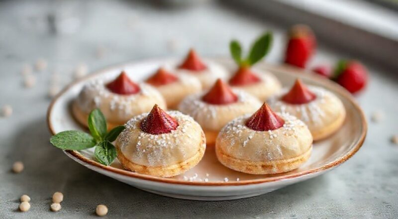 Biscoitos dourados e amanteigados decorados com fios de chocolate, servidos em um prato elegante