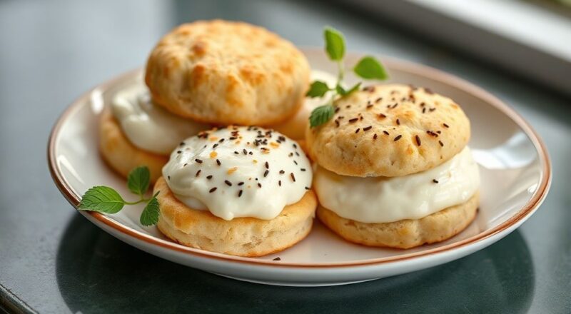 Biscoitos de queijo com nata dourados e crocantes, servidos em tigela com café ao fundo