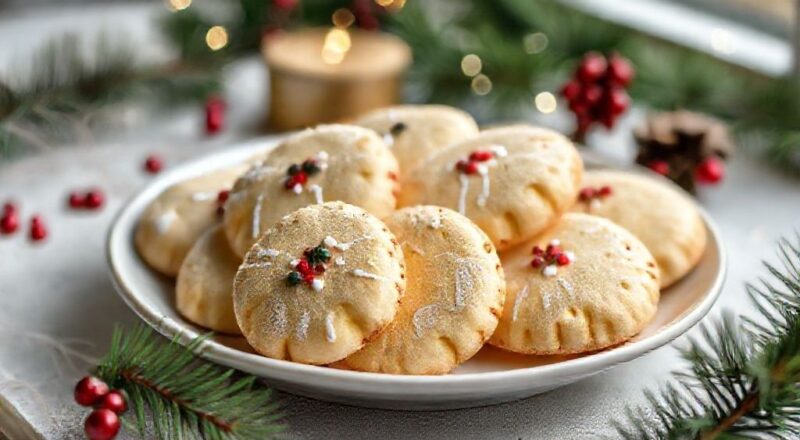 Biscoitos natalinos amanteigados decorados com glacê branco e confeitos coloridos sobre uma mesa festiva