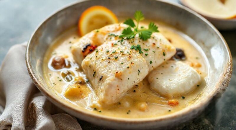 Prato de bobó de bacalhau cremoso servido em tigela de barro, finalizado com coentro e azeite de dendê