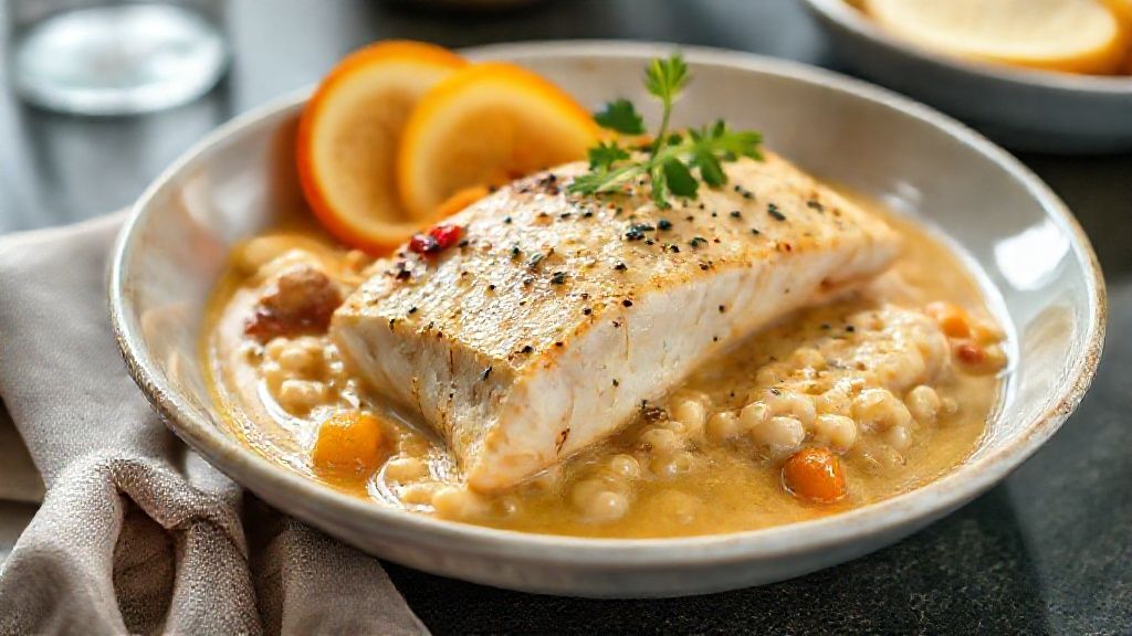 Bobó de tilápia cremoso servido em prato fundo com coentro fresco e arroz branco ao lado