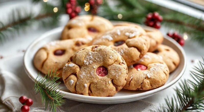 Bolachas douradas e crocantes decoradas com chocolate e canela, em estilo natalino e saudável