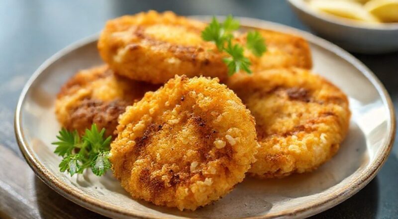 Bolinhos dourados e crocantes servidos em uma tigela, com ervas frescas e limão ao lado, aparência irresistível e caseira