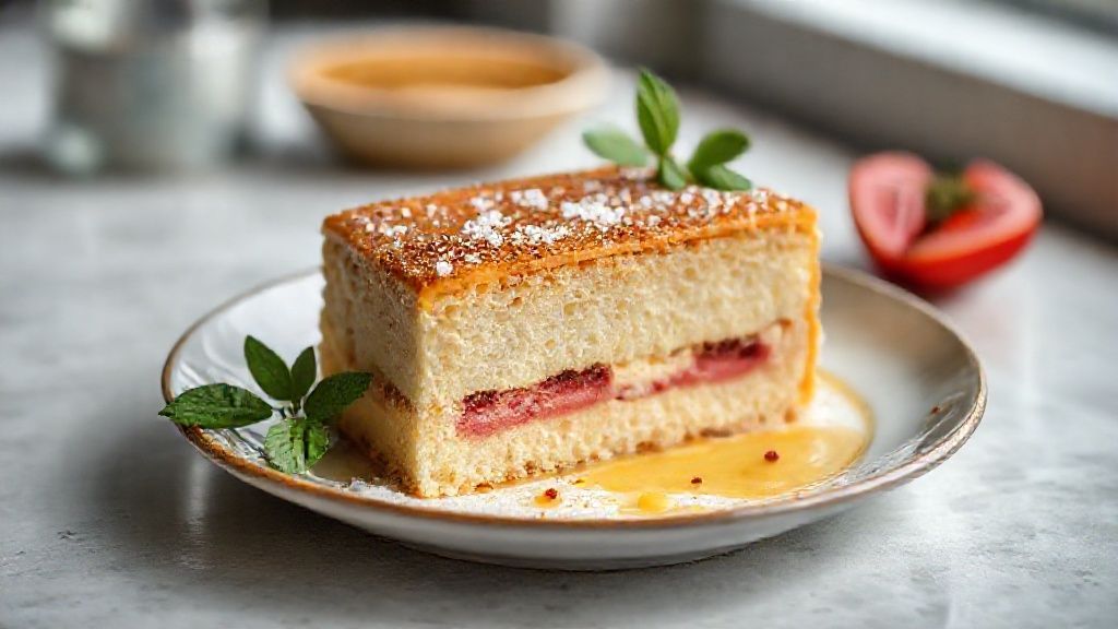 Bolo de água simples e rápido dourado, fofo e servido em fatias sobre prato branco, destacando textura leve e aparência apetitoa