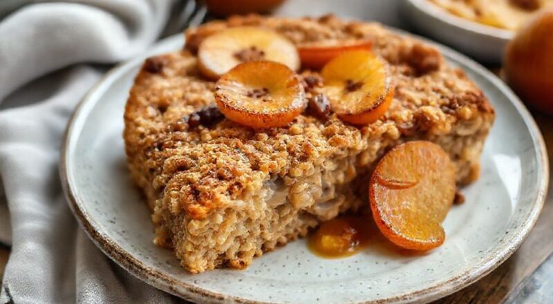 Bolo de aveia dourado com maçãs caramelizadas, servido ainda morno com aroma de baunilha