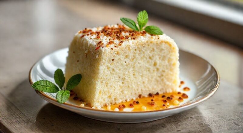 Bolo dourado e úmido de tapioca granulada com coco, servido em prato rústico com café ao fundo