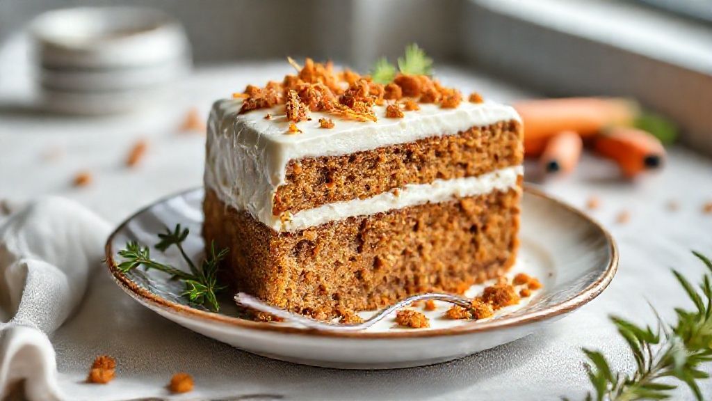 Bolo de cenoura sem açúcar fofinho e dourado com cobertura de chocolate, servido em prato branco sobre mesa rústica
