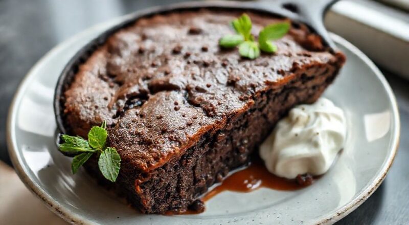 Bolo de chocolate fofinho e úmido, preparado na frigideira, com cobertura brilhante e pedaços de chocolate derretido