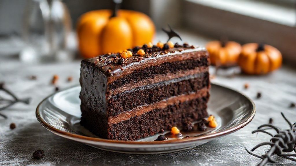 Bolo de chocolate para Halloween decorado com teia de aranha, fofo e coberto com ganache brilhante.