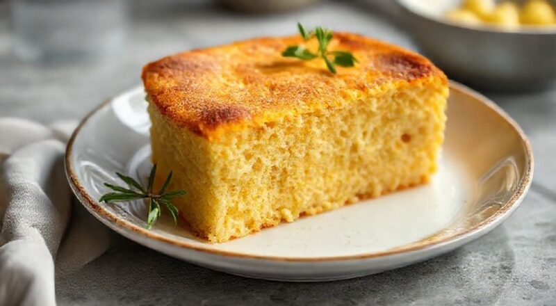 Bolo de fubá cremoso dourado finalizado, com superfície brilhante e fatia servida em prato rústico