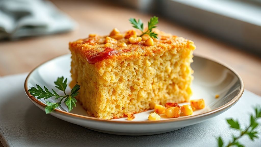 Bolo de milho de latinha dourado, úmido e servido em pedaços, com textura cremosa e aroma irresistível