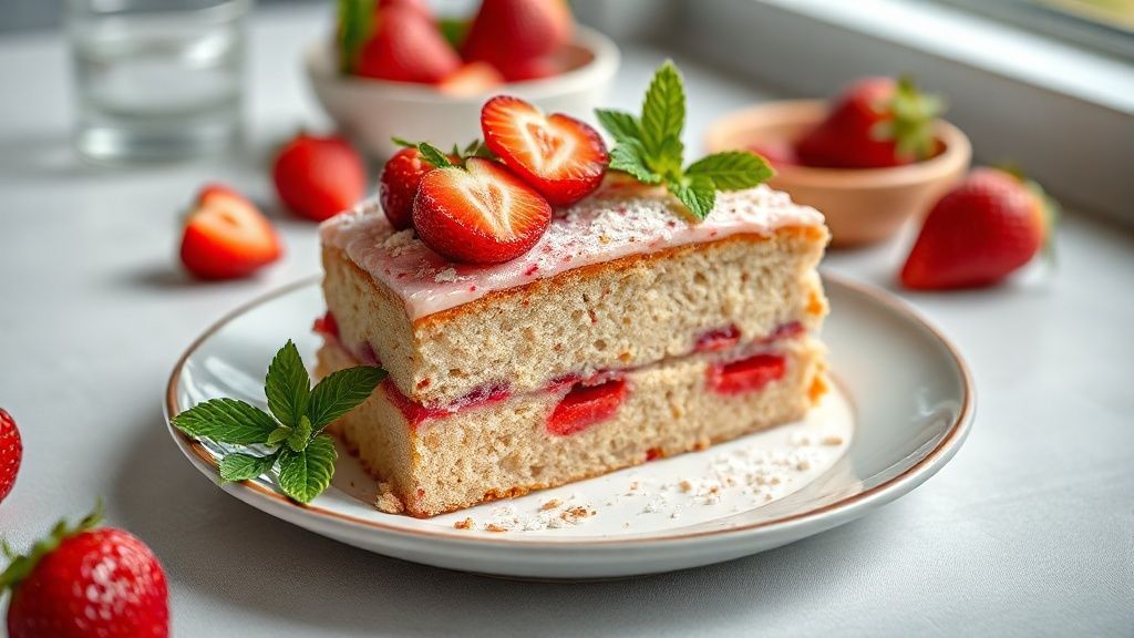 Bolo de morango saudável finalizado, coberto com morangos frescos e calda leve, em prato branco sobre mesa de madeira.