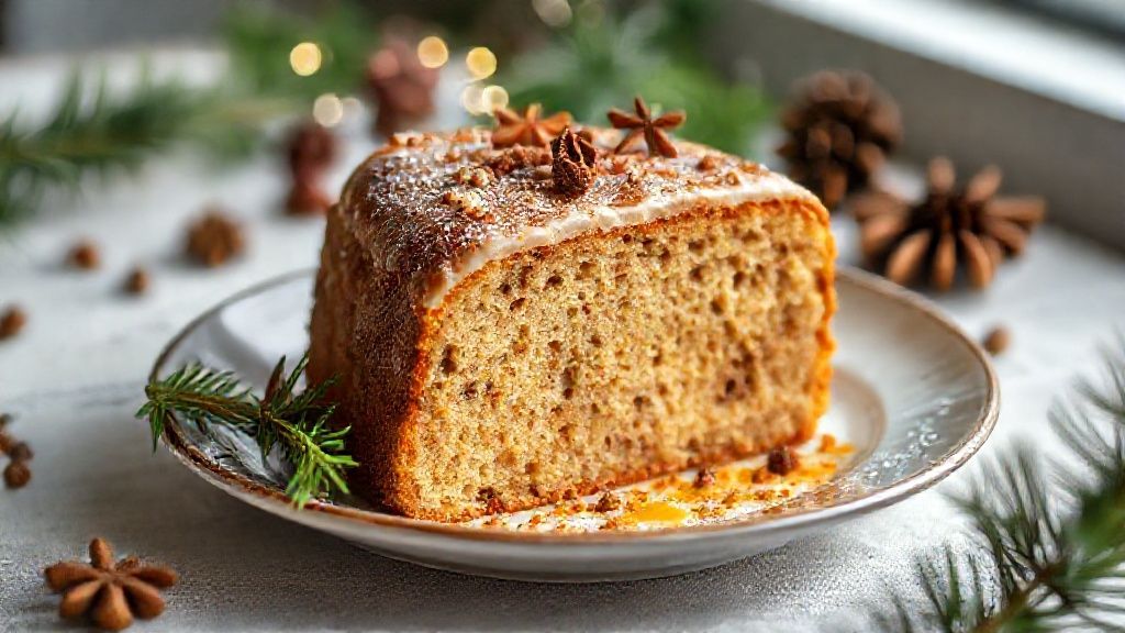 Bolo natalino dourado, coberto com glacê de mel e decorado com frutas secas e canela, em mesa festiva.