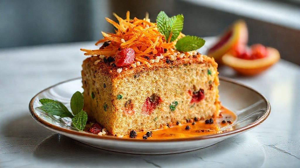 Bolo dourado com cobertura de banana, canela e chocolate derretido, servido em prato rústico.