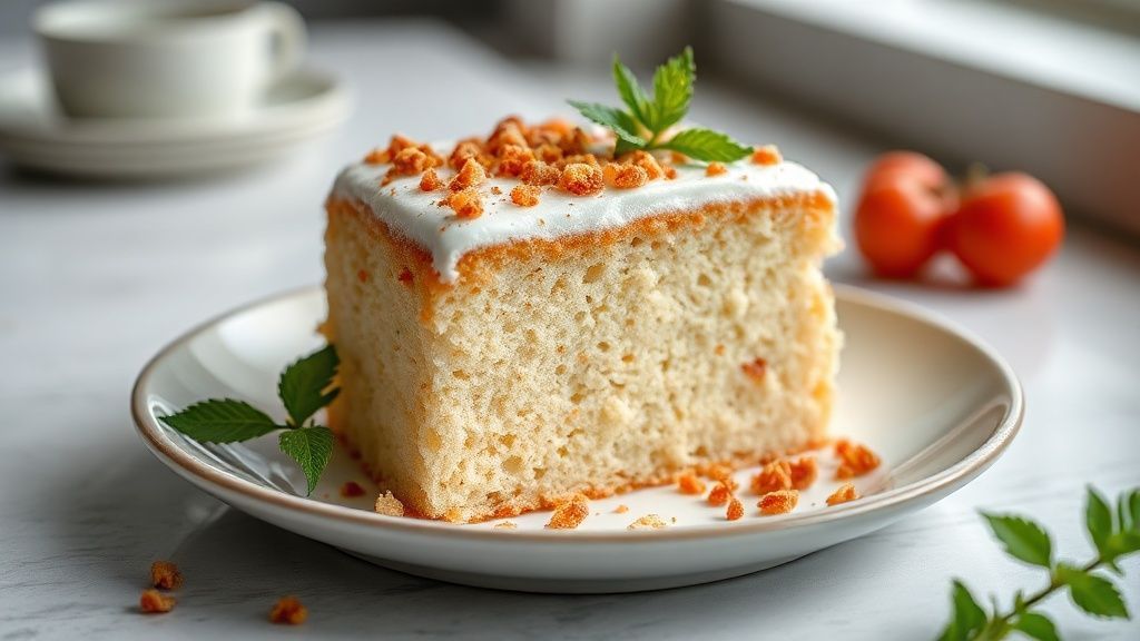 Bolo dourado, leve e aerado, com fatia servida em prato branco e fundo aconchegante, ideal para o café da tarde