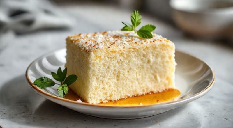 Bolo dourado, leve e macio, polvilhado com açúcar de confeiteiro e servido em prato de porcelana