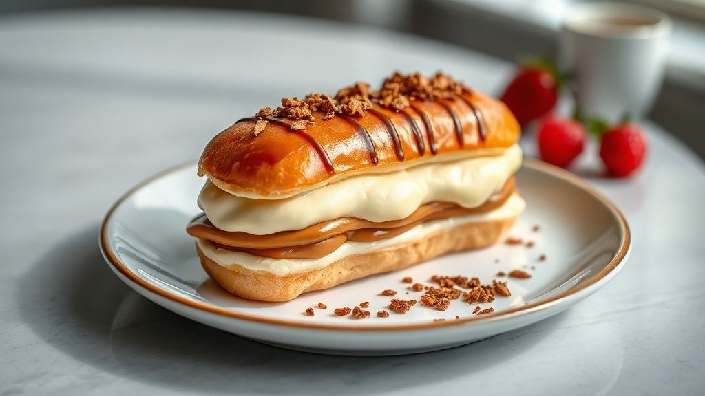 Bombas douradas com cobertura espelhada e recheio de doce de leite cremoso, dispostas em um prato elegante