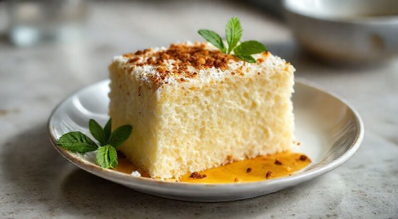 Bombocado de mandioca com coco dourado, cremoso por dentro e servido em quadradinhos sobre prato rústico
