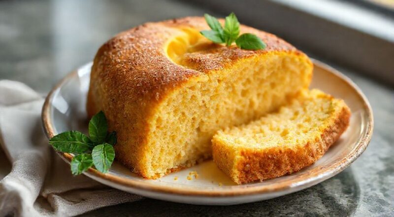 Broas de fubá douradas, macias por dentro, servidas em um prato com café ao fundo