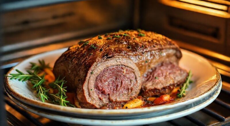 Prato de carne assada recheada no forno dourada, fatiada e suculenta em travessa elegante