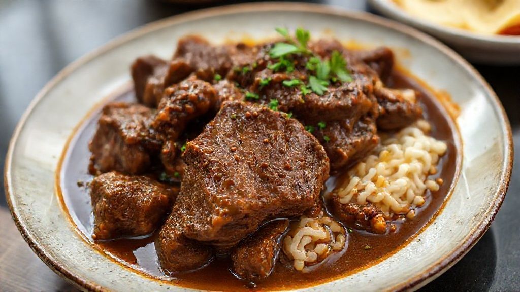 Prato de carne de panela com músculo servida em uma travessa com molho espesso, decorado com cheiro-verde e aparência suculenta