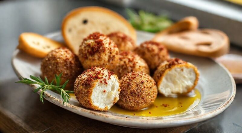 Bolinhas de chancliche caseiro temperadas com zaatar e páprica, servidas com azeite e pão pita fresco.
