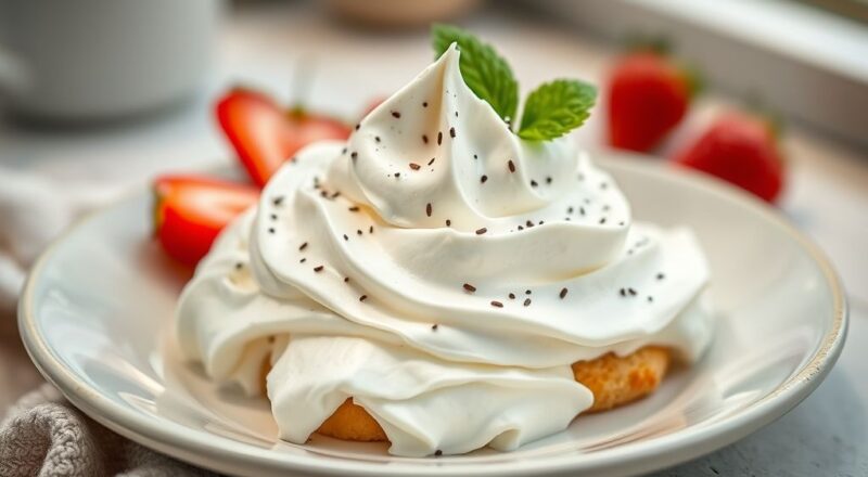 Chantilly caseiro cremoso e firme servido em uma tigela, com textura leve e brilho acetinado