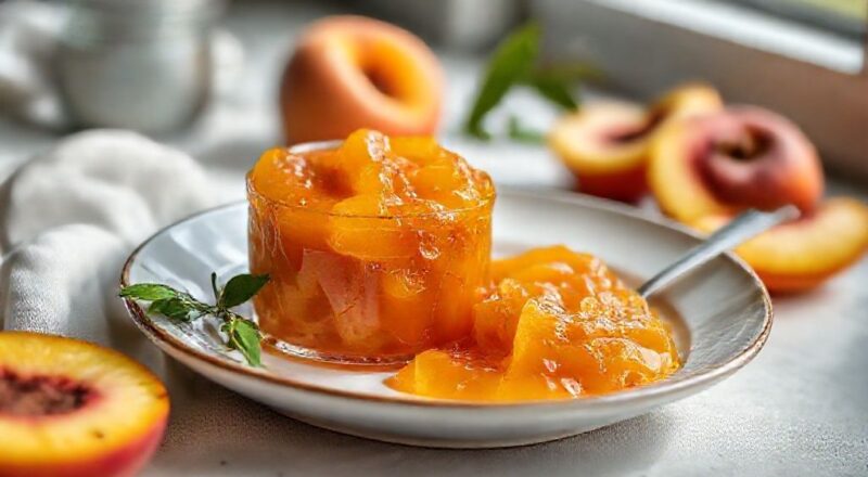 Pote de chimia de pêssego dourada, com colher de madeira e pães no fundo, em iluminação natural