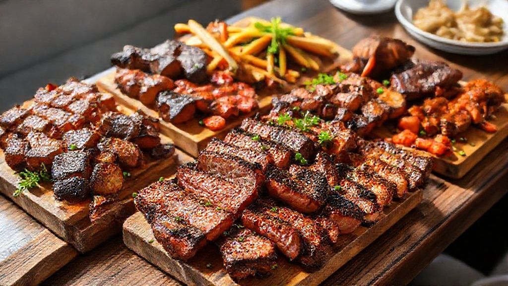 Churrasco completo com diversos cortes e acompanhamentos, ilustrando quantos quilos de carne para 100 pessoas.
