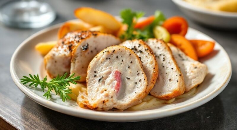 Filé de frango empanado dourado e crocante, recheado com queijo derretido e presunto, servido em prato elegante