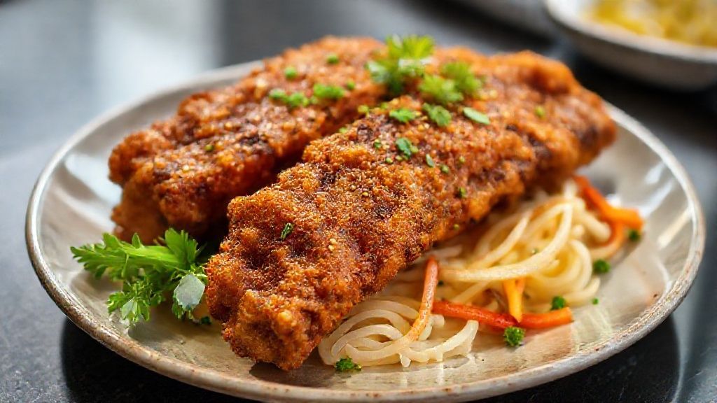 Costela de tambaqui frita dourada, servida com limão e farofa, aparência crocante e suculenta.