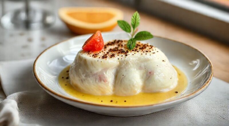 Crema catalana dourada servida em ramequim, com crosta de açúcar caramelizada e creme suave por baixo.