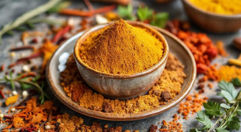 Mistura dourada de curry caseiro apresentada em tigela com especiarias frescas ao redor.