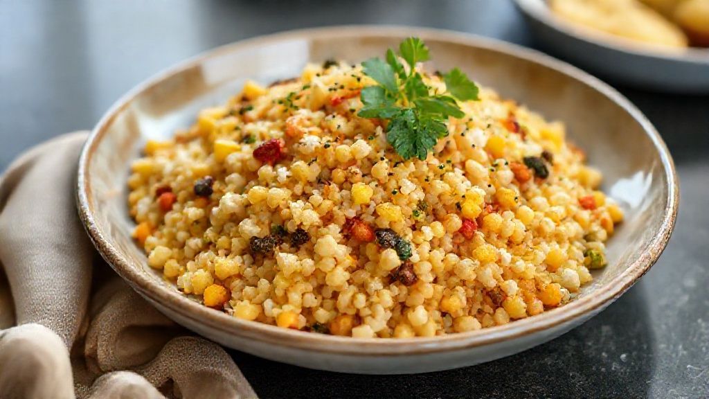 Prato de cuscuz nordestino amarelinho soltinho servido com manteiga derretida e queijo coalho