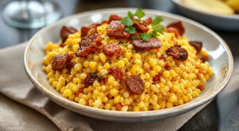 Prato de cuscuz para o jantar bem servido, dourado e suculento, com pedaços de calabresa e bacon dourados no topo