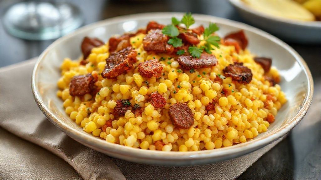 Cuscuz para o jantar pronto e servido em prato fundo, com bacon e calabresa, prato dourado e apetitoso