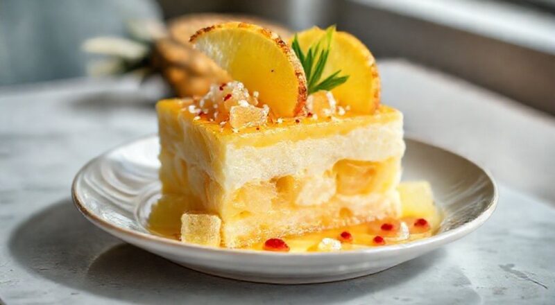 Sobremesa gelada de Delícia de Abacaxi com camadas de creme, fruta e cobertura, decorada com abacaxi fresco e folhas de hortelã