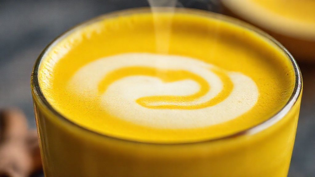 Close-up da bebida dourada, com superfície espumada e cor intensa do açafrão