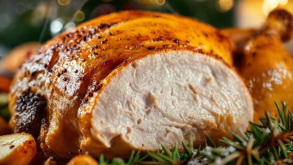 Close-up do peru assado com textura dourada e guarnições coloridas ao redor