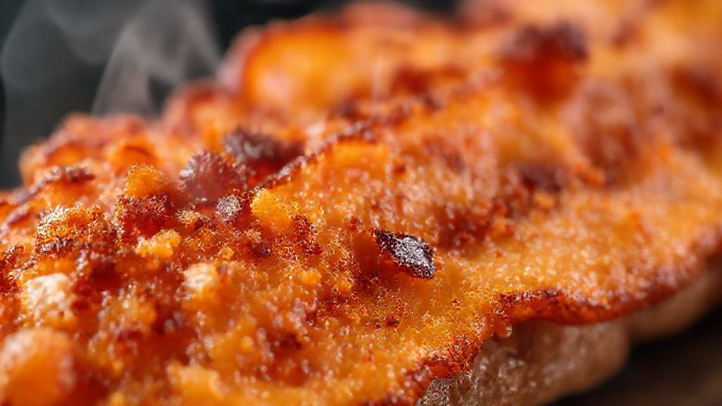 Close-up da farofa pronta, destacando a textura soltinha e os pedaços crocantes de bacon