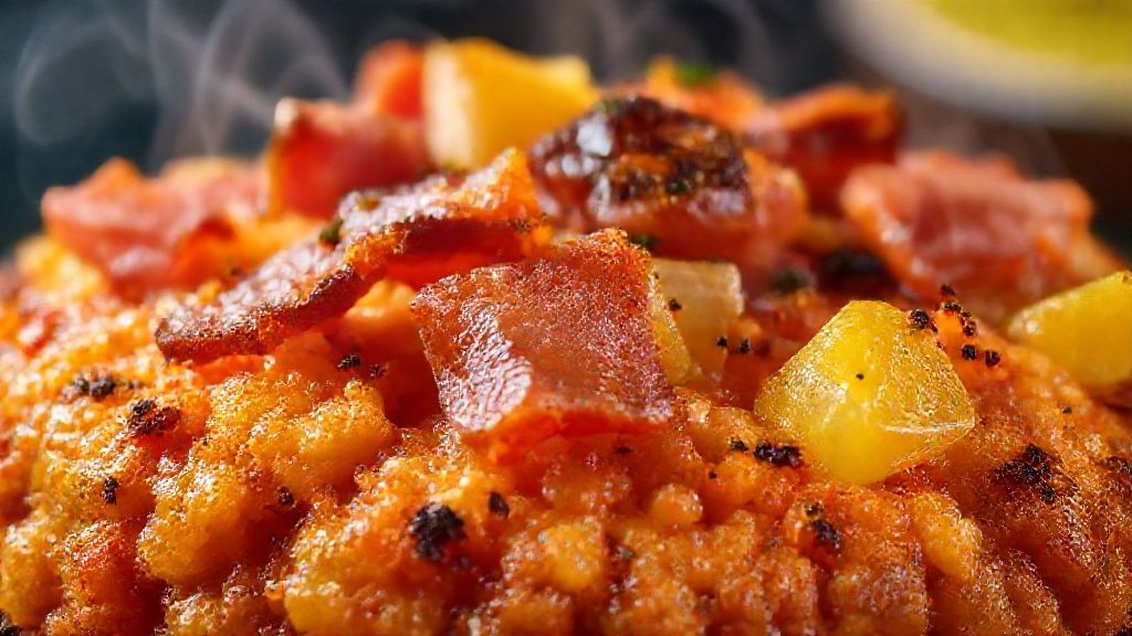 Close-up da farofa pronta mostrando textura crocante, cores douradas e pedaços de abacaxi caramelizado