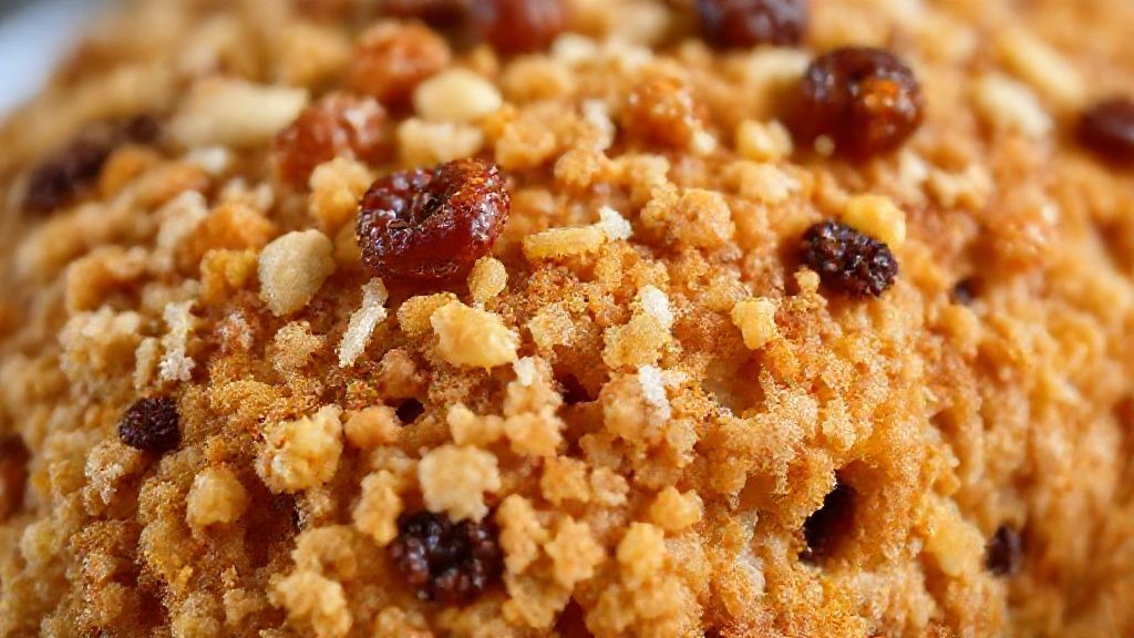 Close-up da farofa natalina pronta, destacando a textura dourada e os pedaços de frutas secas e nozes