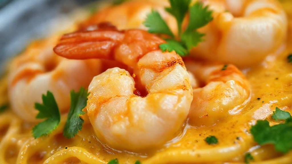 Close-up do bobó de camarão finalizado, destacando textura cremosa e cor vibrante do dendê