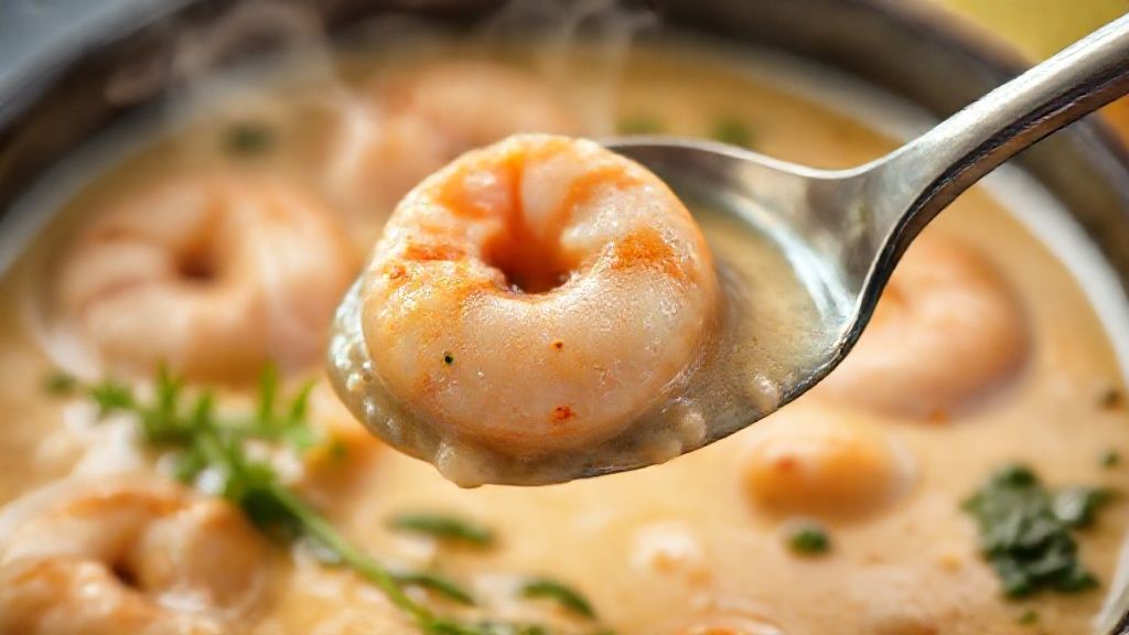 Close-up do bobó cremoso com camarões no topo e textura acetinada do creme.