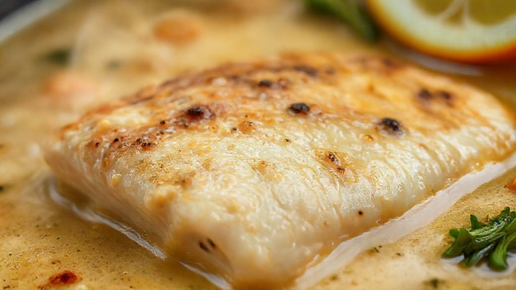 Close-up do bobó de tilápia pronto, destacando o creme de mandioca e o brilho do dendê