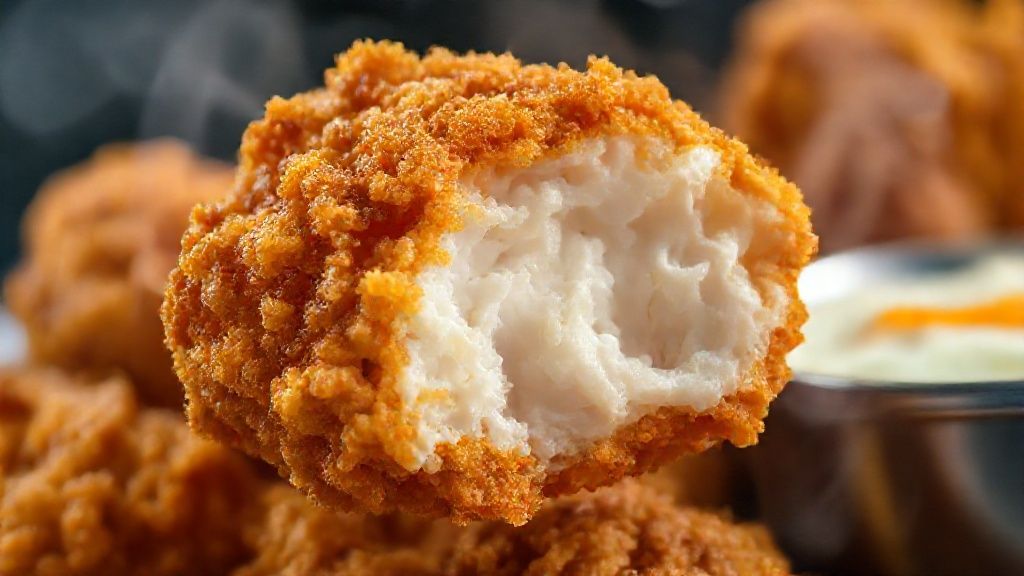 Close-up mostrando a textura dourada e crocante do frango frito pronto