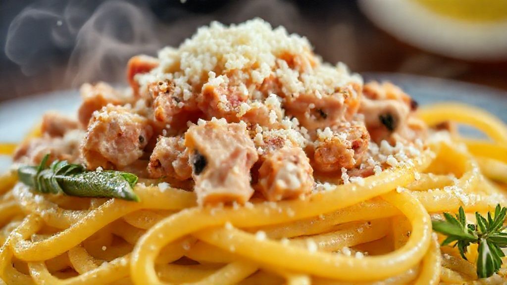 Close-up do prato pronto com massa e atum, destacando textura, brilho e parmesão ralado.