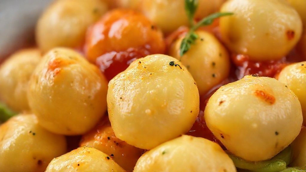 Close-up do nhoque de batata com molho de tomate e parmesão ralado