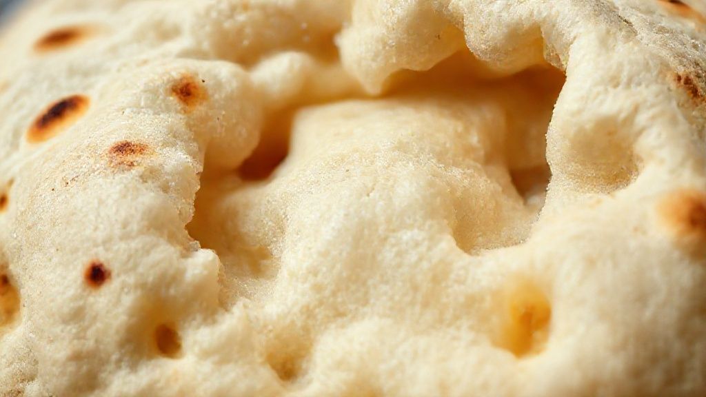 Close-up do pão pita aberto, exibindo o interior fofo e o bolso característico
