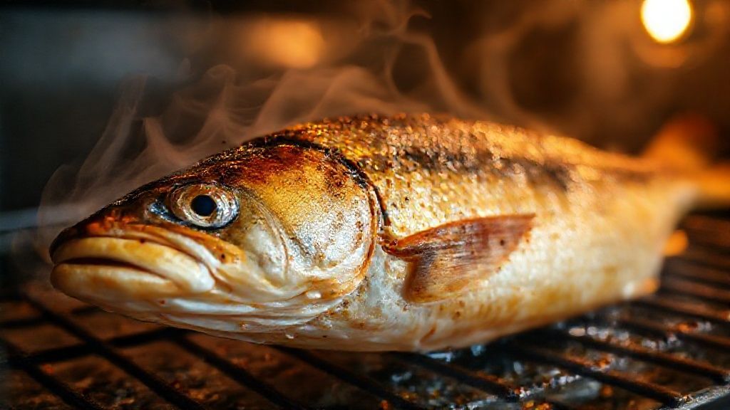 Close-up do peixe assado com pele dourada e textura suculenta, revelando o ponto perfeito.